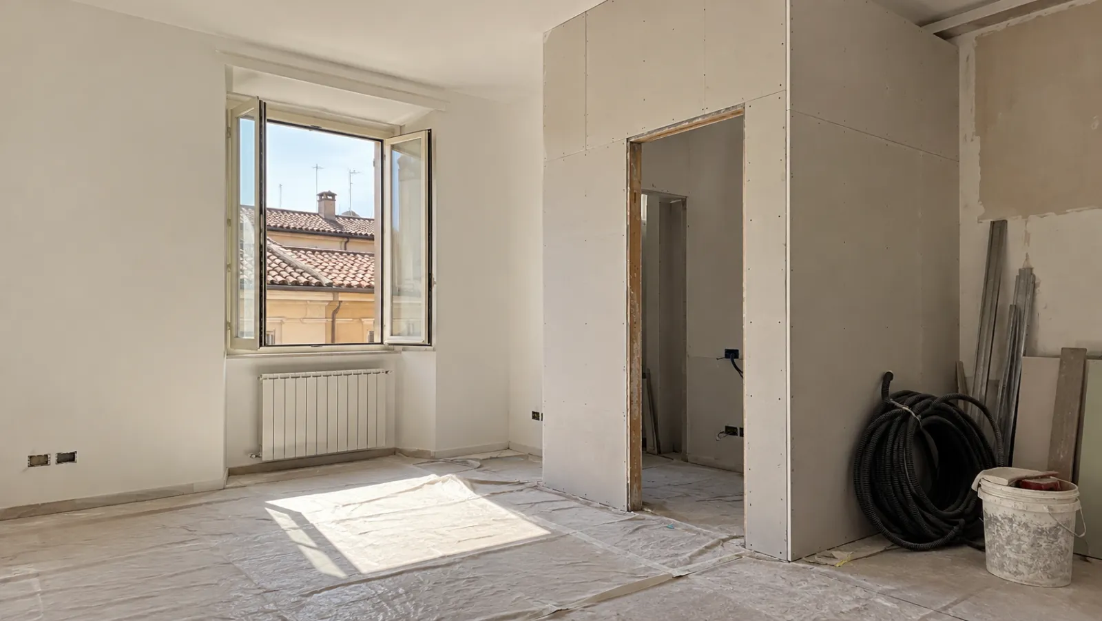 Stanza di un appartamento a Roma durante una ristrutturazione interna, con un nuovo tramezzo in cartongesso