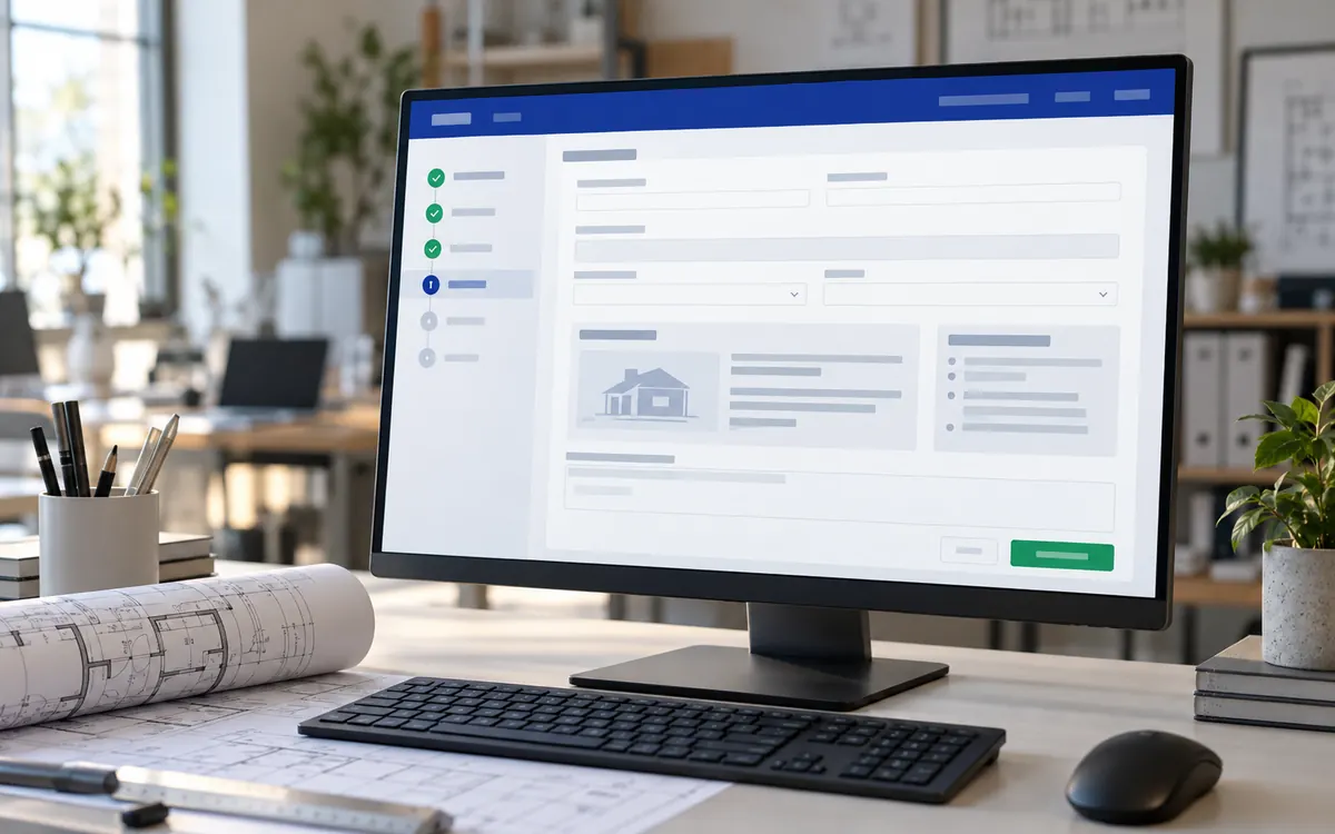 Monitor con la compilazione online di una pratica edilizia in uno studio tecnico