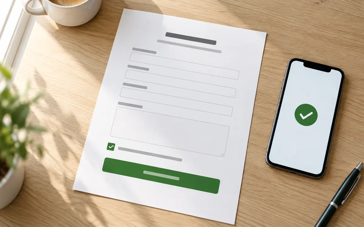 Modulo di richiesta compilato su una scrivania, con la conferma di invio sullo smartphone